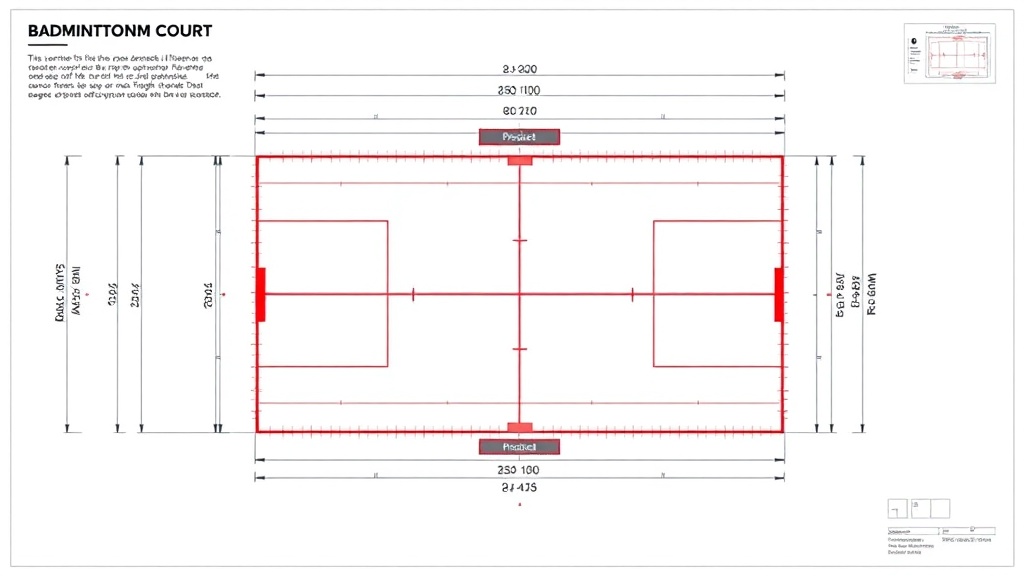 배드민턴 코트의 전체적인 구조와 치수를 보여주는 다이어그램